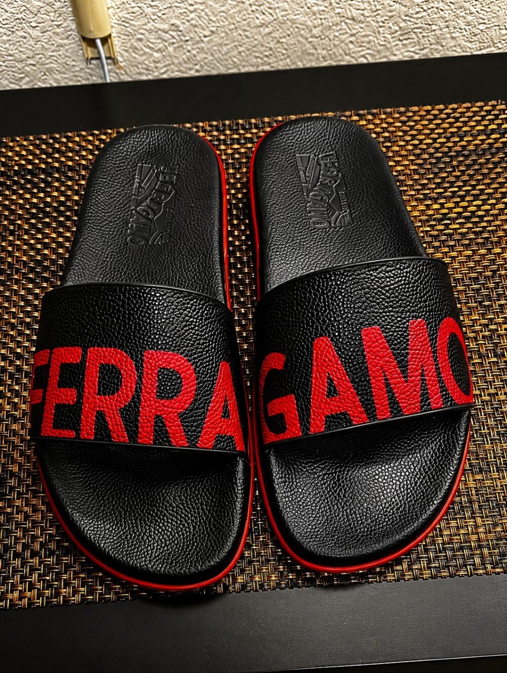 Salvatore Ferragamo Black Slides with Red Logo Band